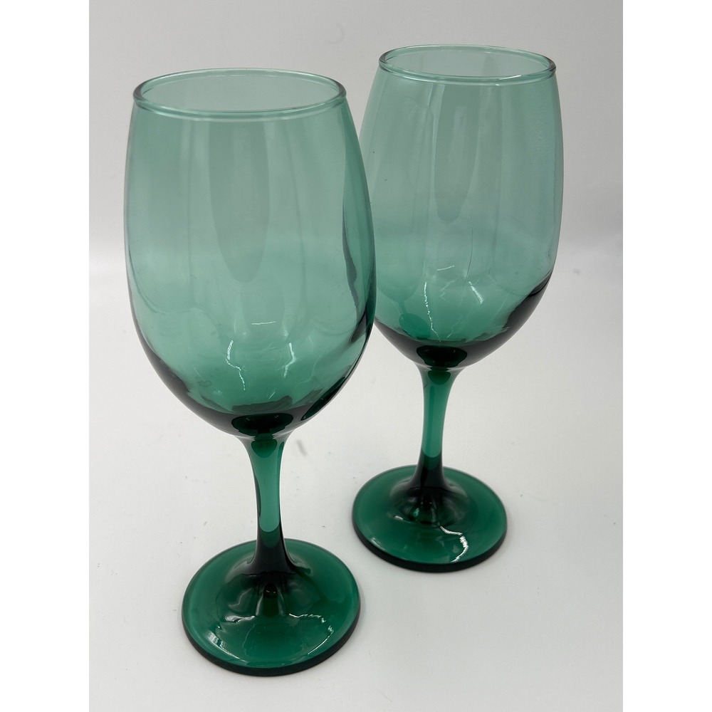 Set of 2 Emerald Green Glass Wine Glasses Stemmed MCM Style Teal Barware